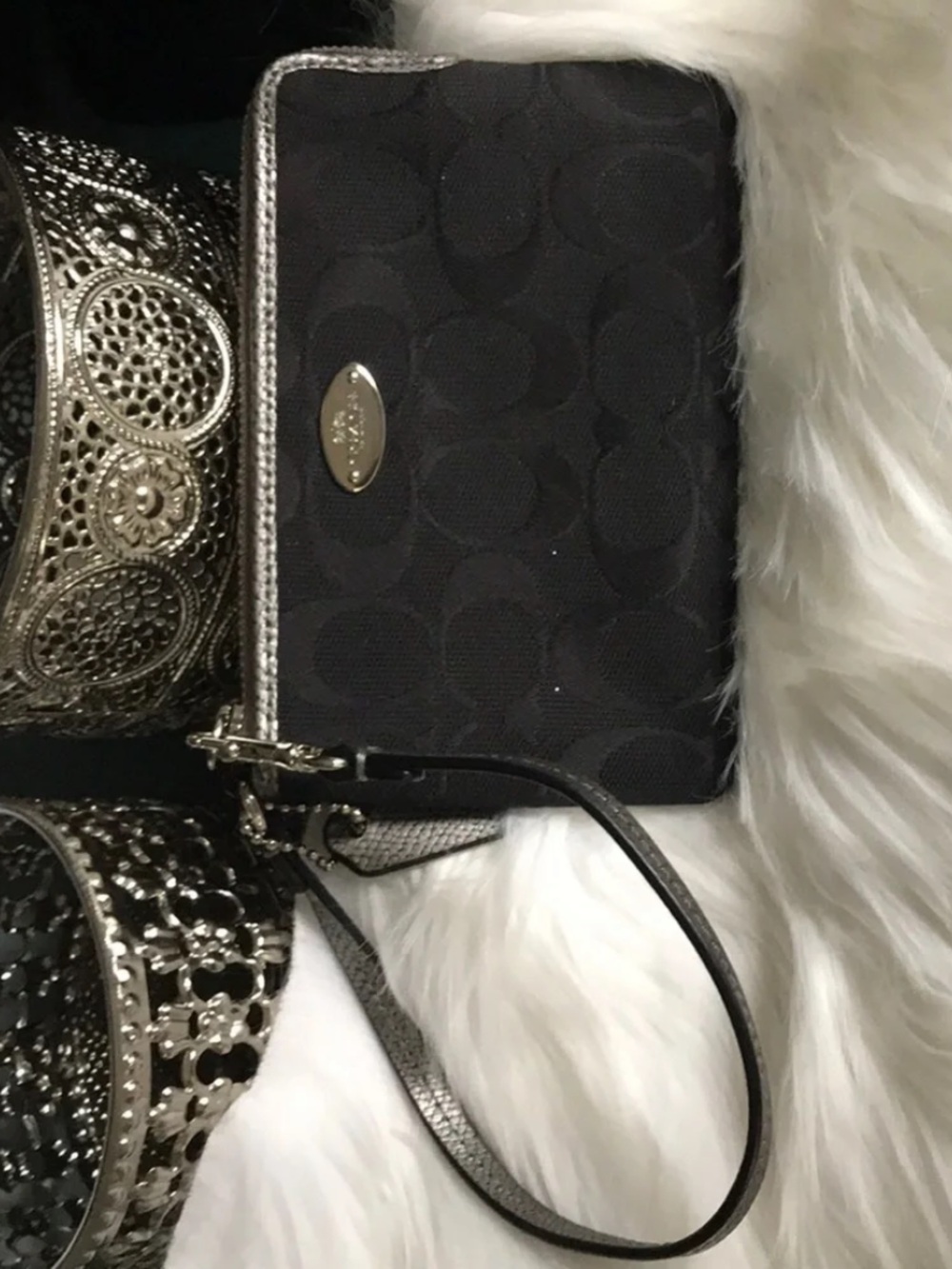 Coach Black Signature fabric Zip Wristlet with Silver Trim